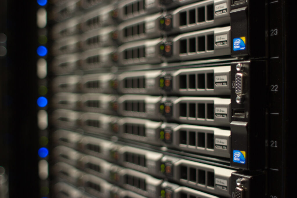 Close-up of rack-mounted server equipment in a Wikimedia Foundation server rack.