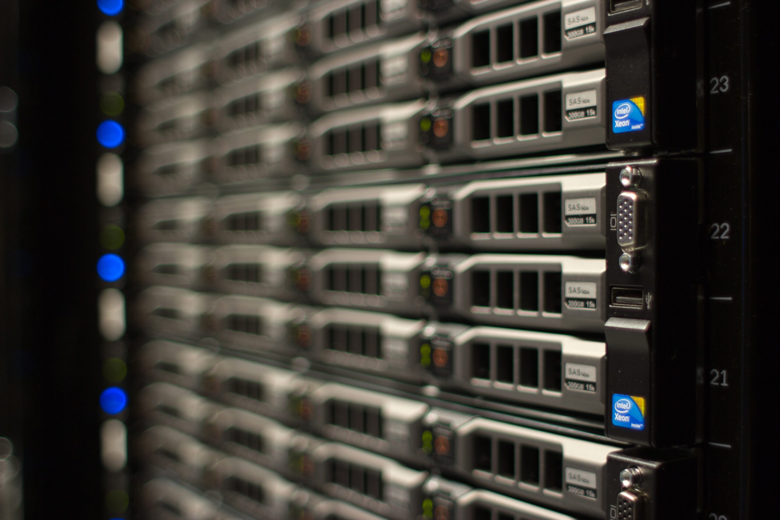 Close-up of rack-mounted server equipment in a Wikimedia Foundation server rack.